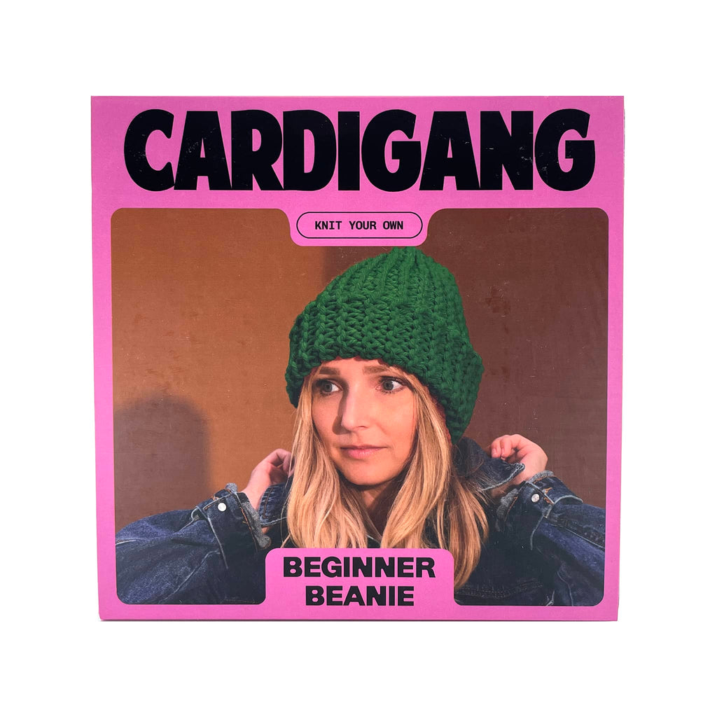 Cardigang Lawn Bowls green Blake Beginner Acrylic Beanie Knit Kit in box packaging, front view.