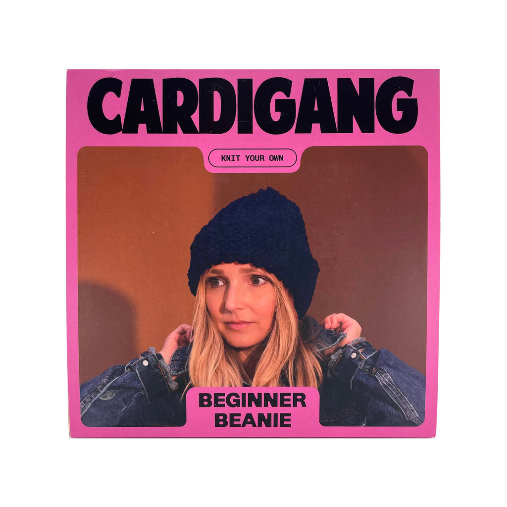 Cardigang Midnight blue Blake Beginner Acrylic Beanie Knit Kit in box packaging, front view.