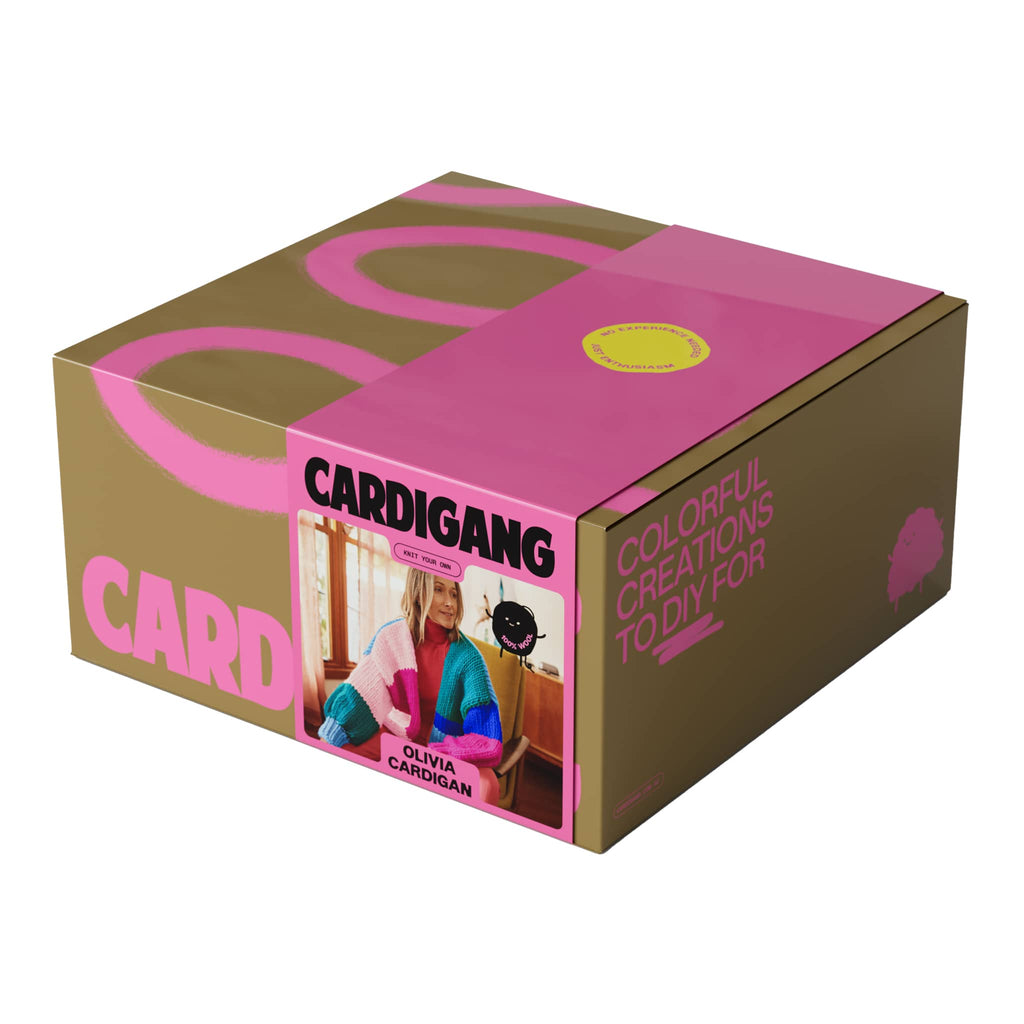 Cardigang Olivia Tutti Fruiti beginner wool patchwork cardigan knit kit in box packaging, front angle view.