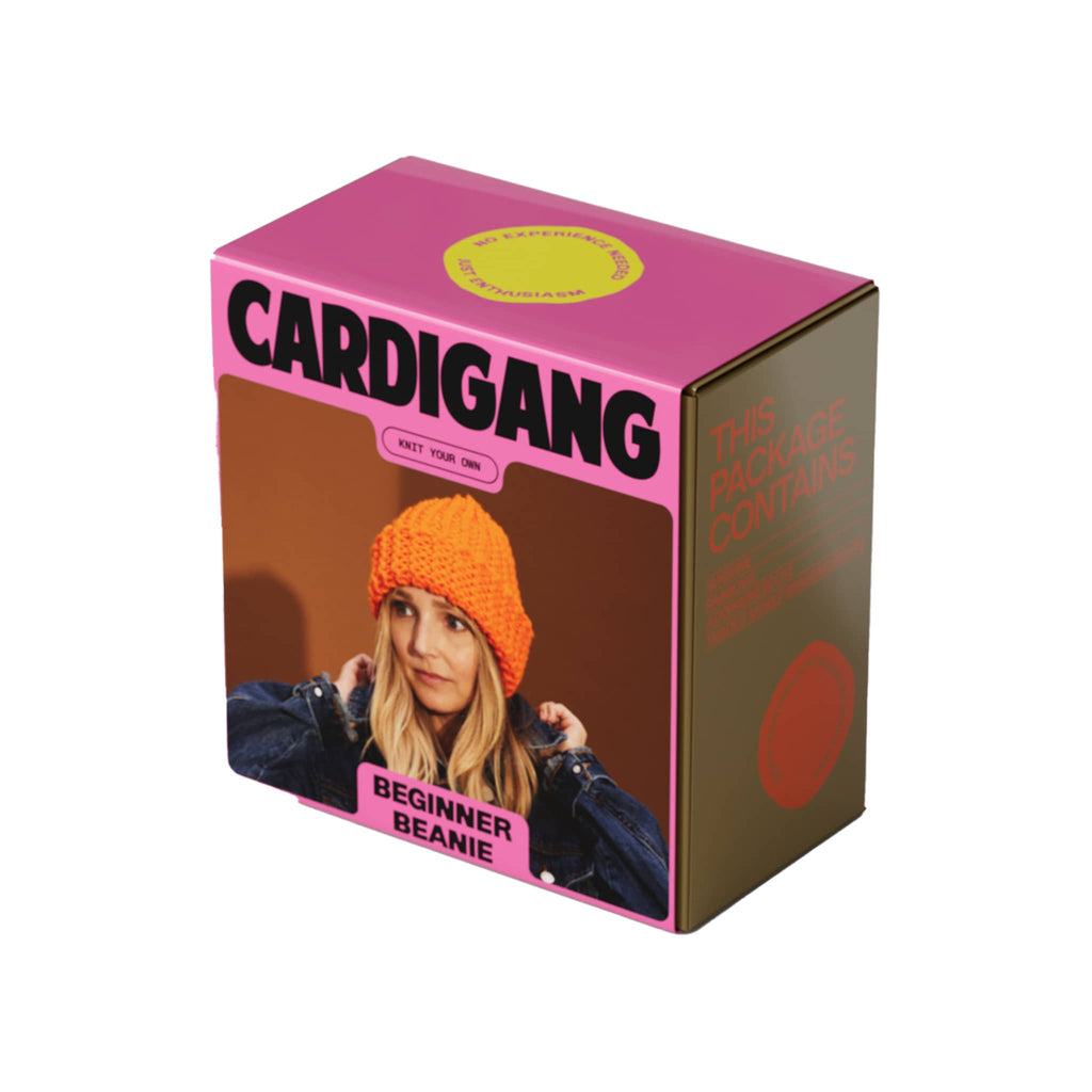 Cardigang Pumpkin Spice Orange Blake Beginner Acrylic Beanie Knit Kit in box packaging, front angle view.