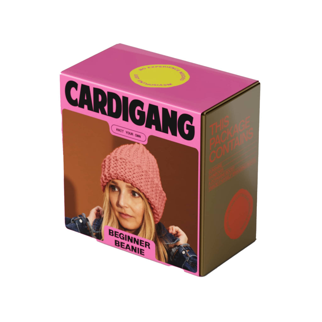 Cardigang Settle Petal Pink Blake Beginner Acrylic Beanie Knit Kit in box packaging, front angle view.