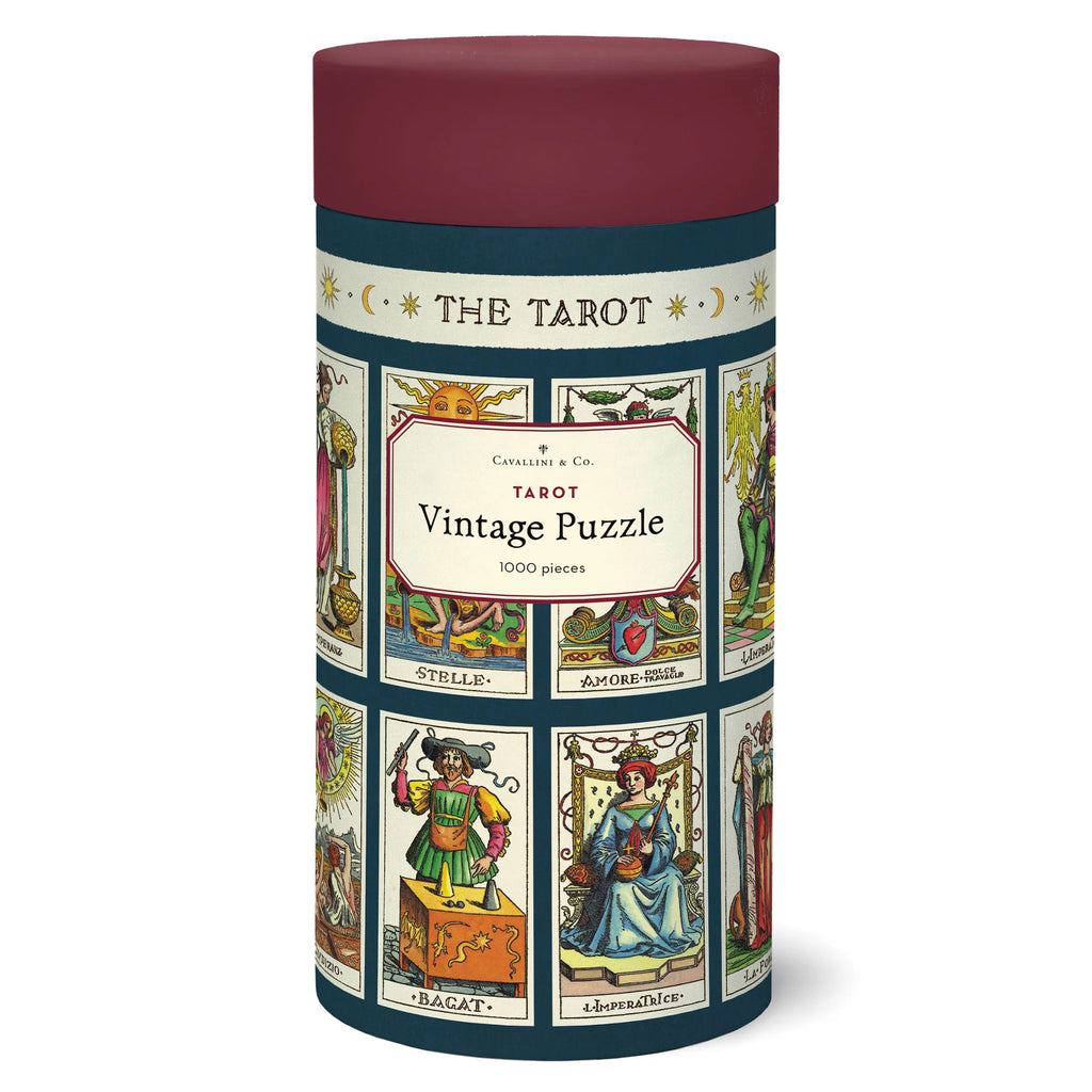 Cavallini & Co. 1000 piece Tarot vintage illustrated jigsaw puzzle in tube container, front view.