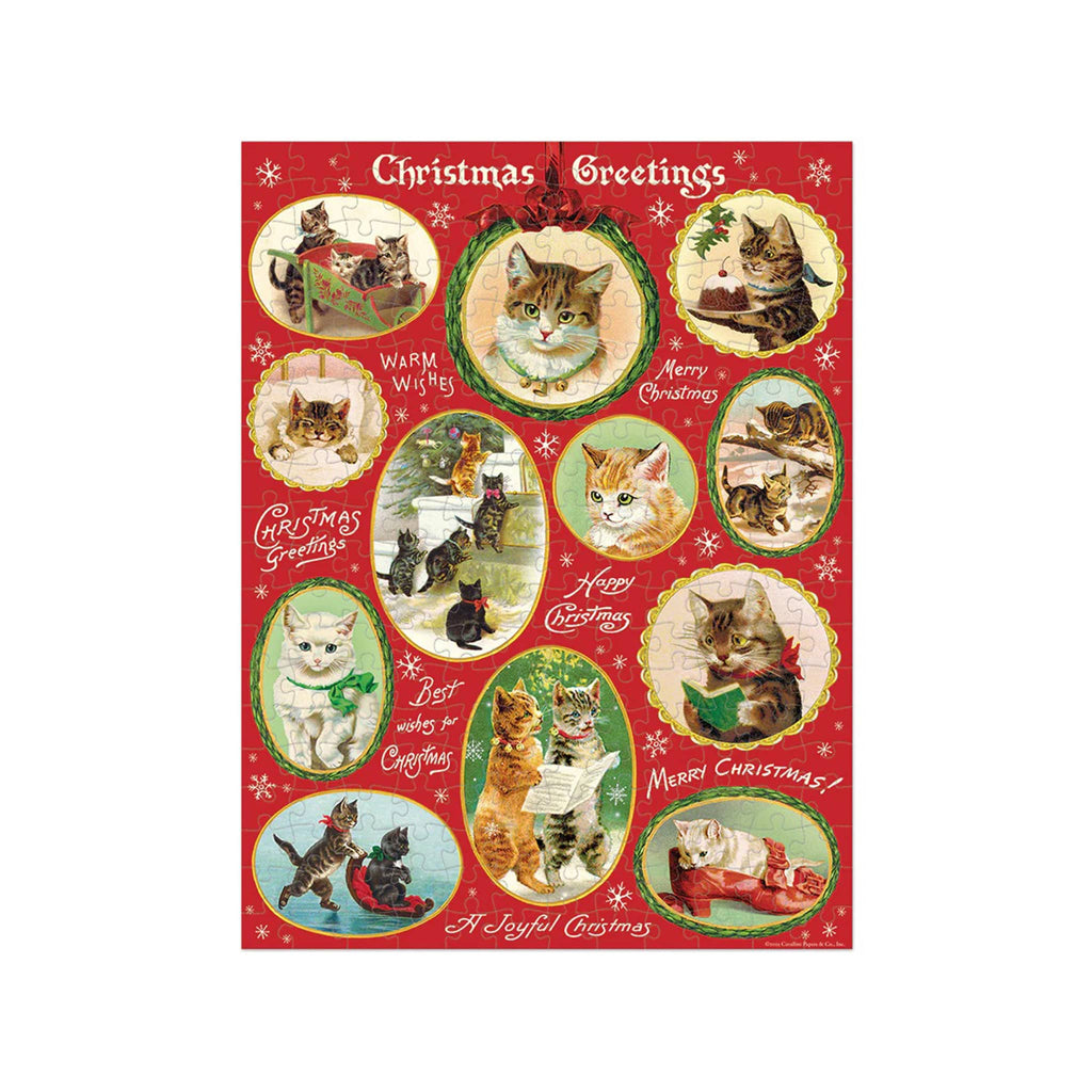 Vintage-style Christmas puzzle with cats and festive text on a red background.