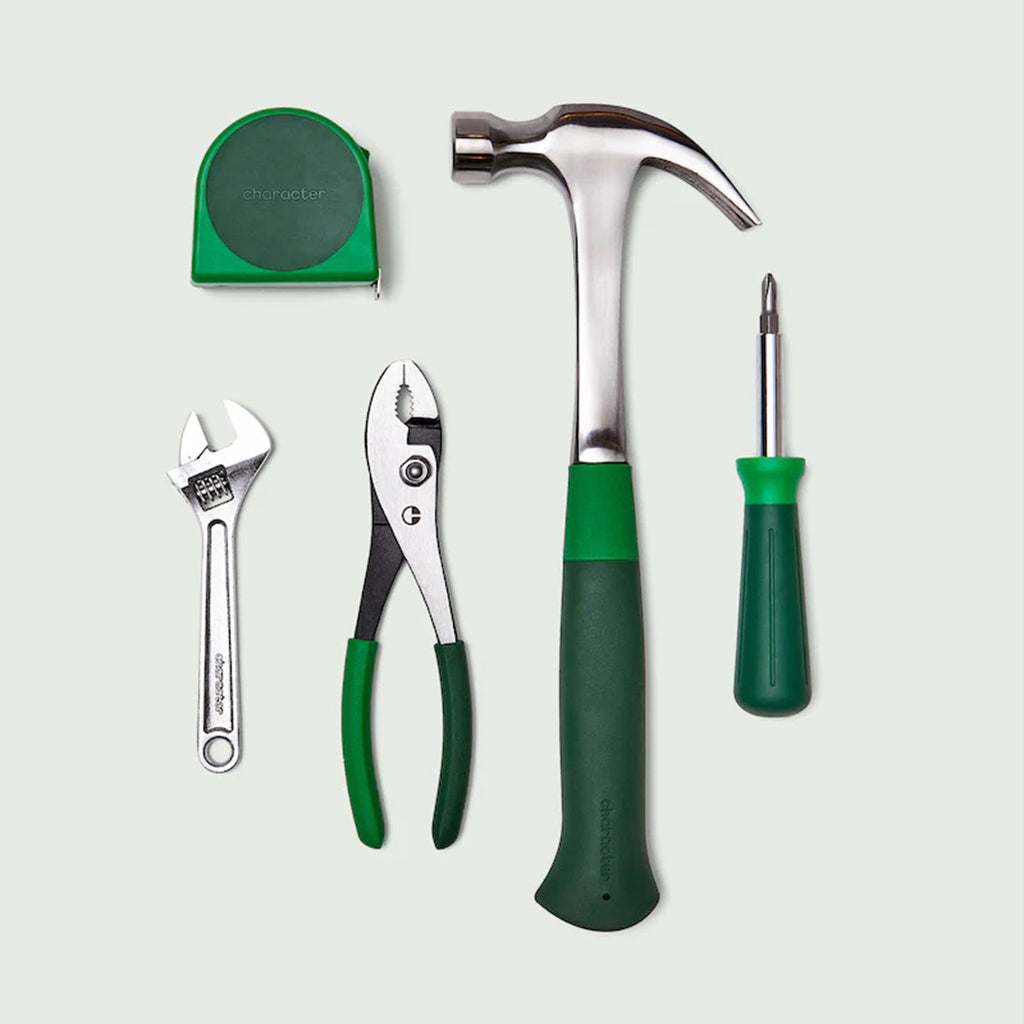 Character "The Go Set" 5 piece tool set with a green tape measure, adjustable wrench, green handle slip joint pliers, green handle hammer and green handle screwdriver.