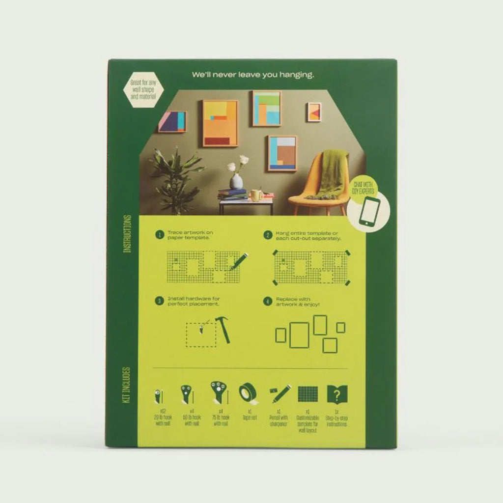 Character The Gallery Wall Kit with planner and picture hanging hardware in green box packaging, back view with contents and simple instructions.