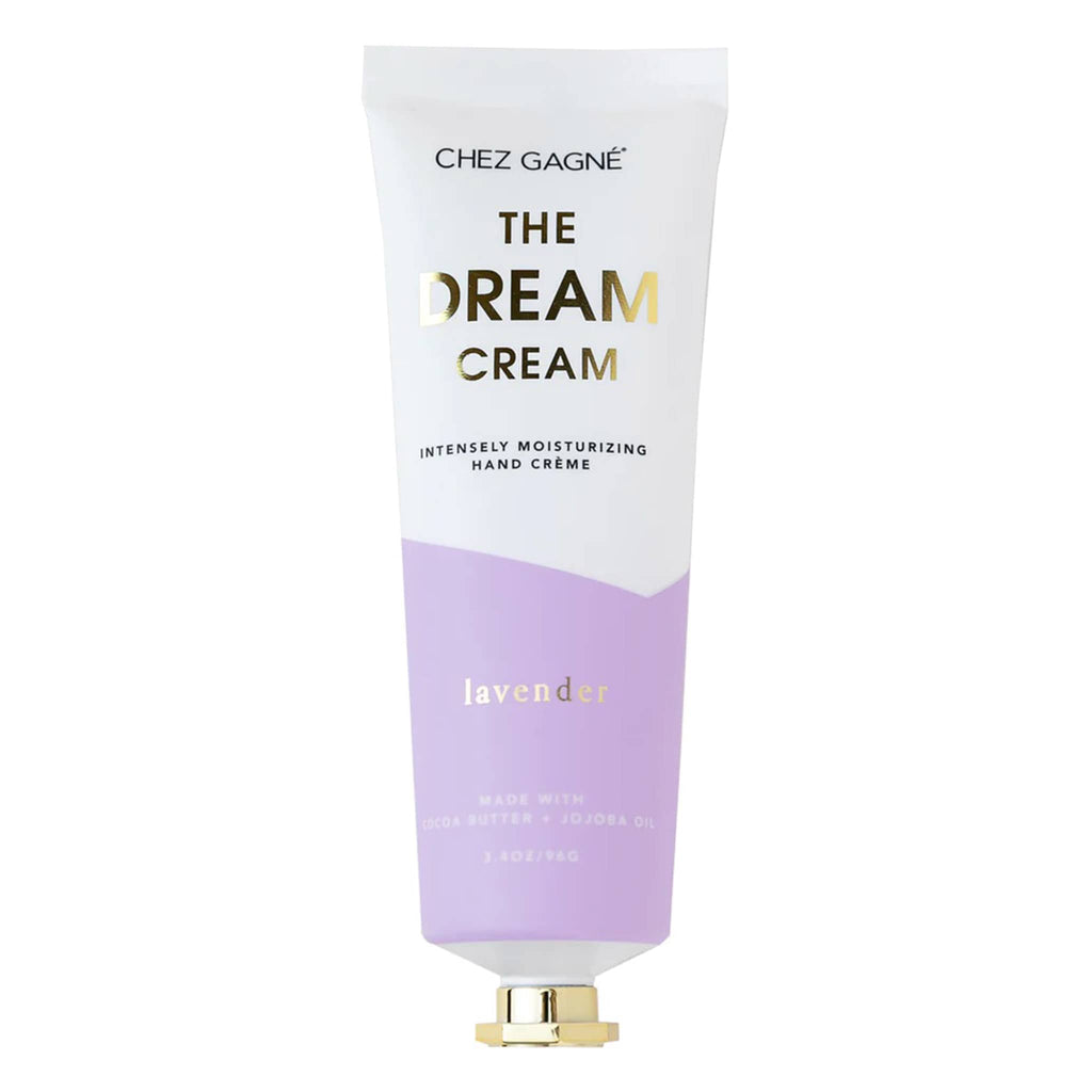 Chez Gagne The Dream Cream lavender scented hand cream in a purple and white tube with gold tone cap.