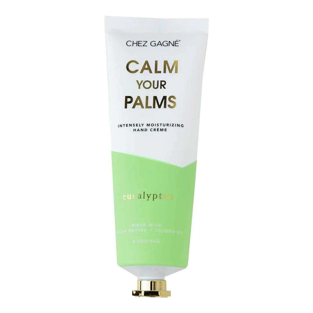 Chez Gagne Calm Your Palms eucalyptus scented hand cream in a green and white tube with gold tone cap.