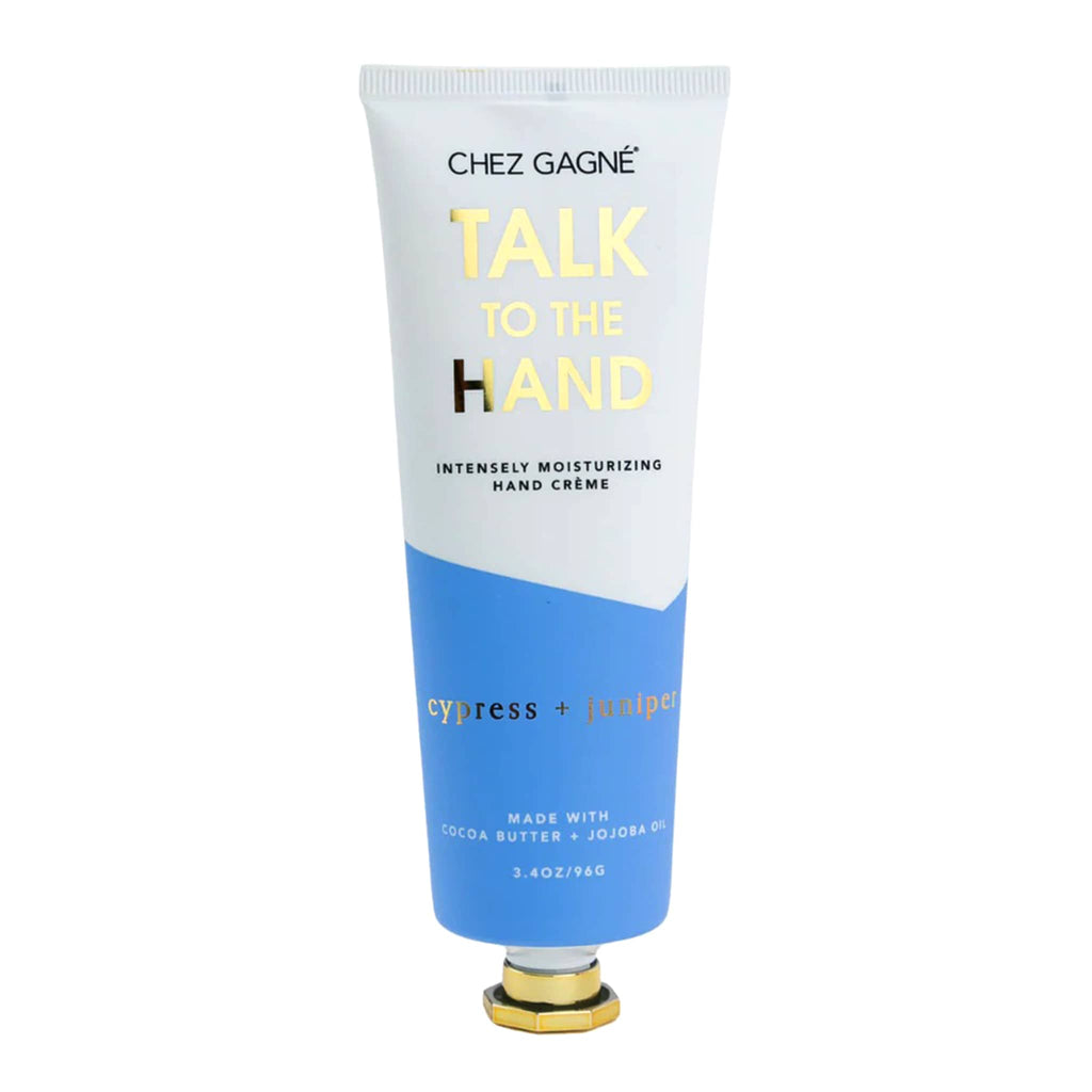 Hand cream tube labeled 'Talk to the Hand' by Chez Gagne on a white background.