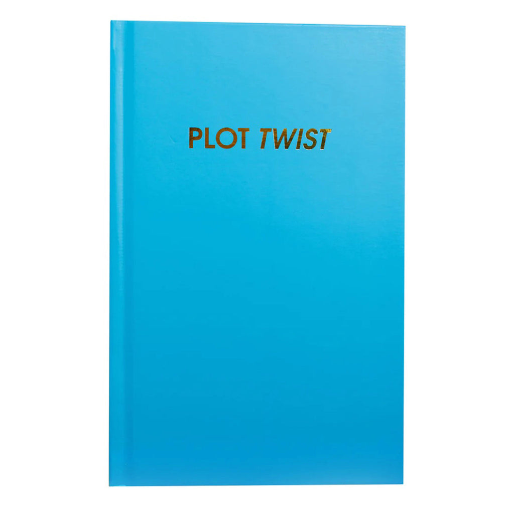 Chez Gagne bright blue hardcover journal with ruled pages, front cover has "plot twist" in gold foil lettering.
