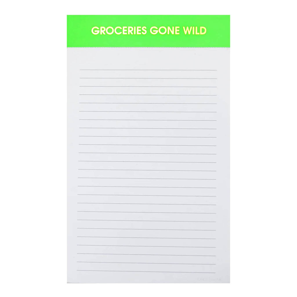 Chez Gagne lined notepad with neon green binding and "groceries gone wild" in gold foil lettering.