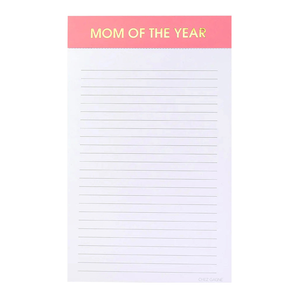 Chez Gagne lined paper notepad with "mom of the year" in gold foil lettering on a pink coral backdrop at top.