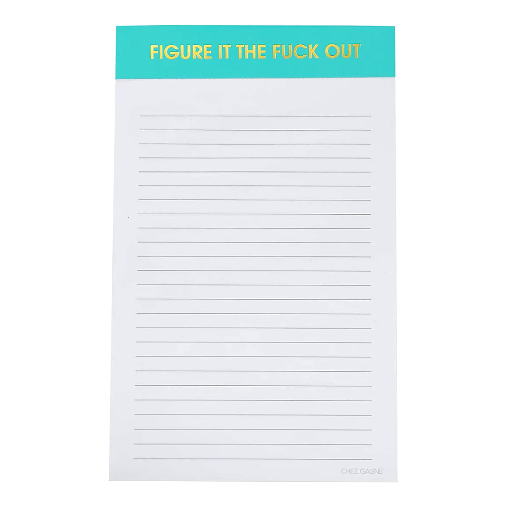 Chez Gagne lined notepad with aqua binding and "figure it the fuck out" in gold foil lettering.