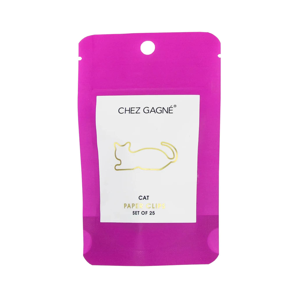 Chez Gagne Gold Tone Cat Paper Clips, set of 25 in fuchsia pouch packaging, front view.