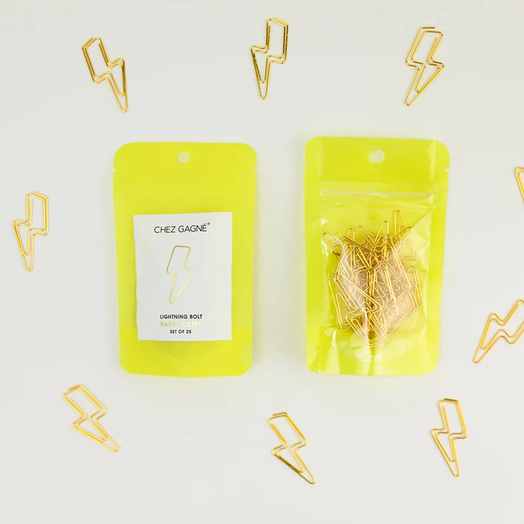 Chez Gagne Gold Tone Lightning Bolt Paper Clips, set of 25 in neon yellow pouch packaging, front and back view with clips scattered around.