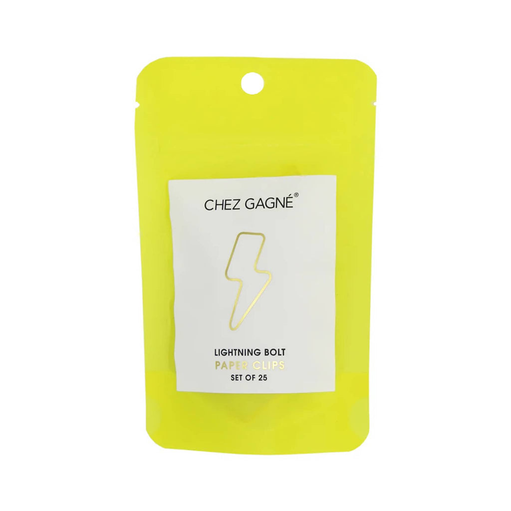 Chez Gagne Gold Tone Lightning Bolt Paper Clips, set of 25 in neon yellow pouch packaging, front view.