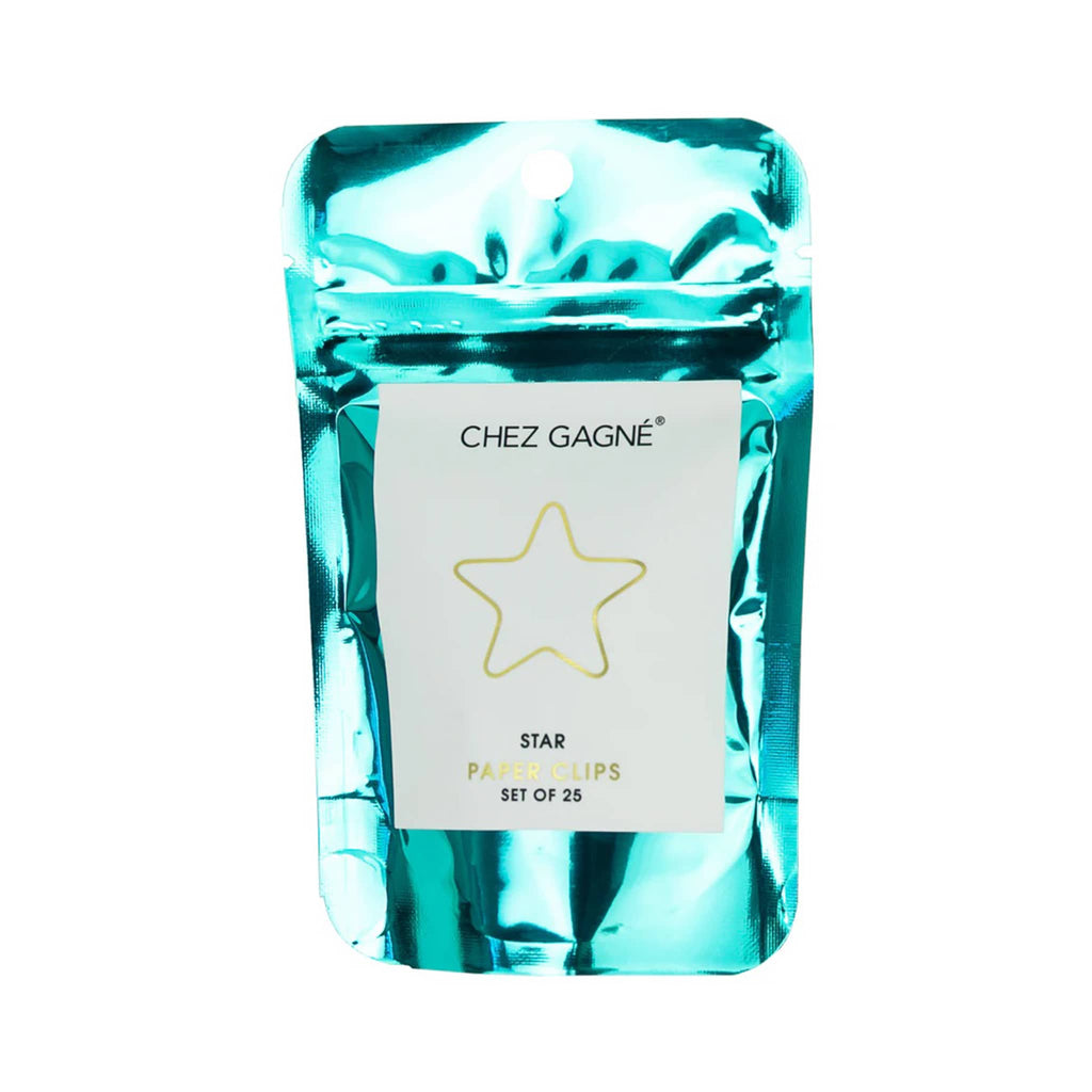 Chez Gagne Gold Tone Star Paper Clips, set of 25 in shiny aqua pouch packaging, front view.