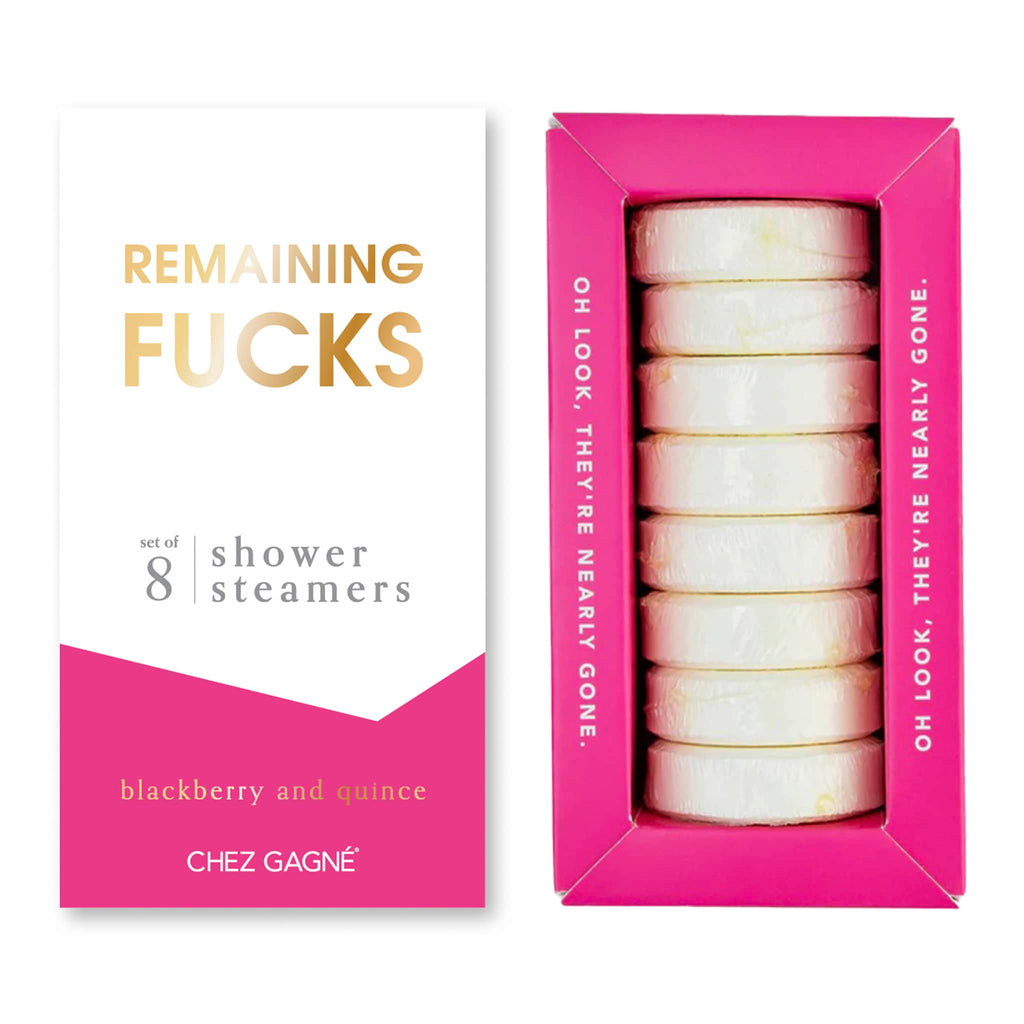 Chez Gagne Remaining Fucks blackberry and quince scented shower steamers in pink and white slipcase packaging, front view.