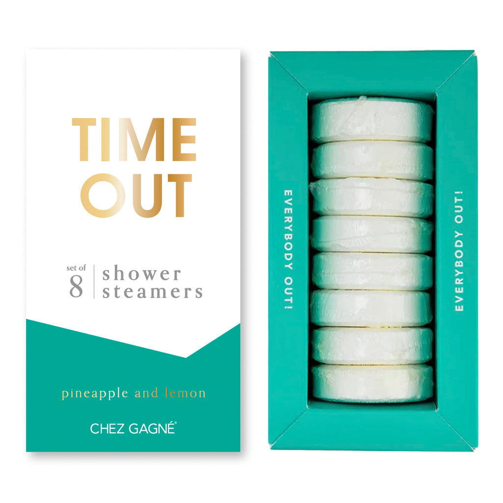 Chez Gagne Time Out pineapple and lemon scented shower steamers in teal and white slipcase packaging, front view.