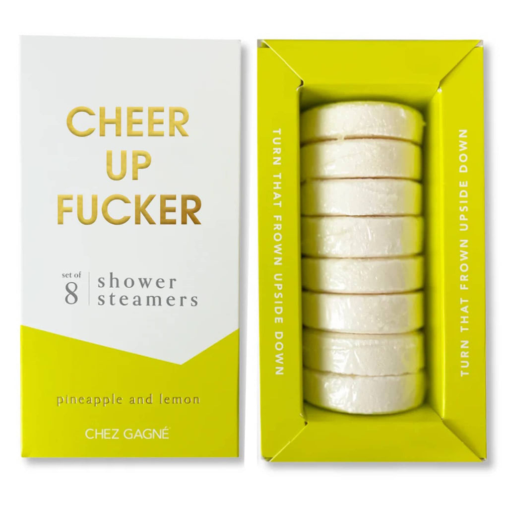Set of 8 shower steamers in a chartreuse and white box with text.