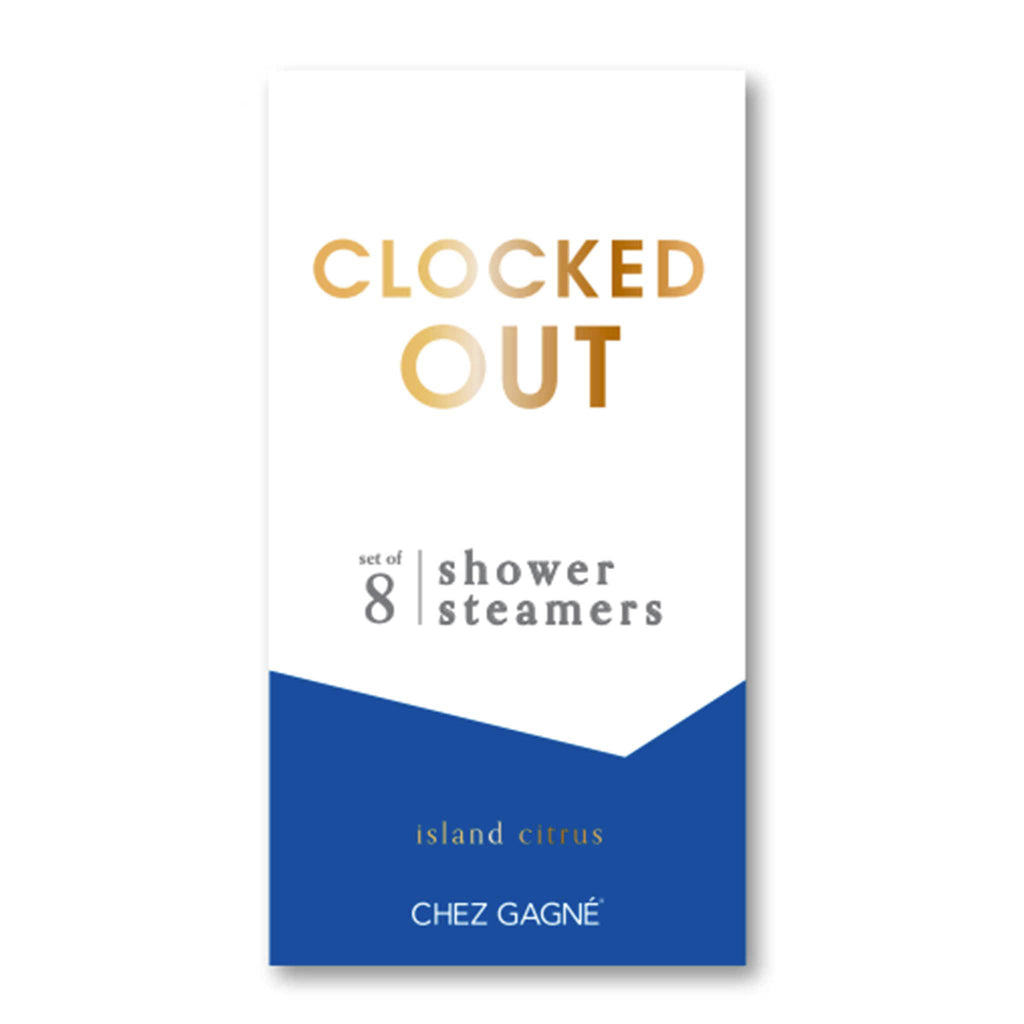 Packaging of shower steamers with 'Clocked Out' text and brand name 'Chez Gagne'.