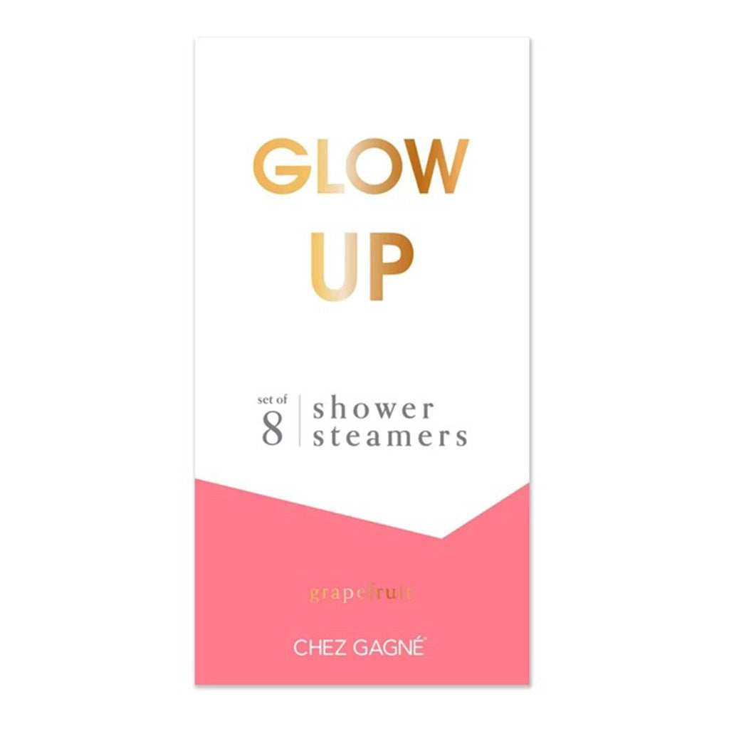 Packaging of shower steamers with 'Glow Up' text and a pink accent on a white background.