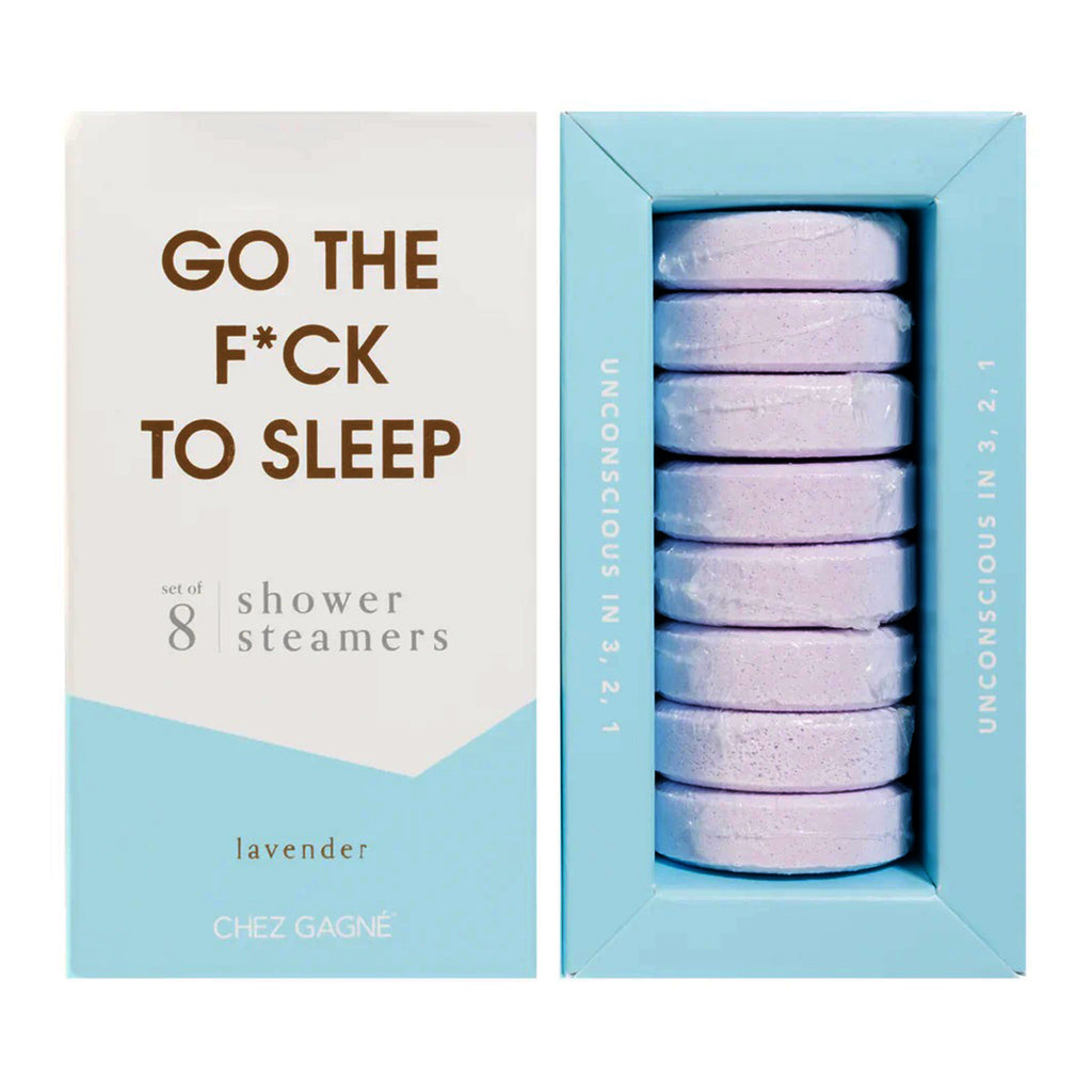 Chez Gagne Go the F*ck to Sleep lavender scented shower steamers in packaging.