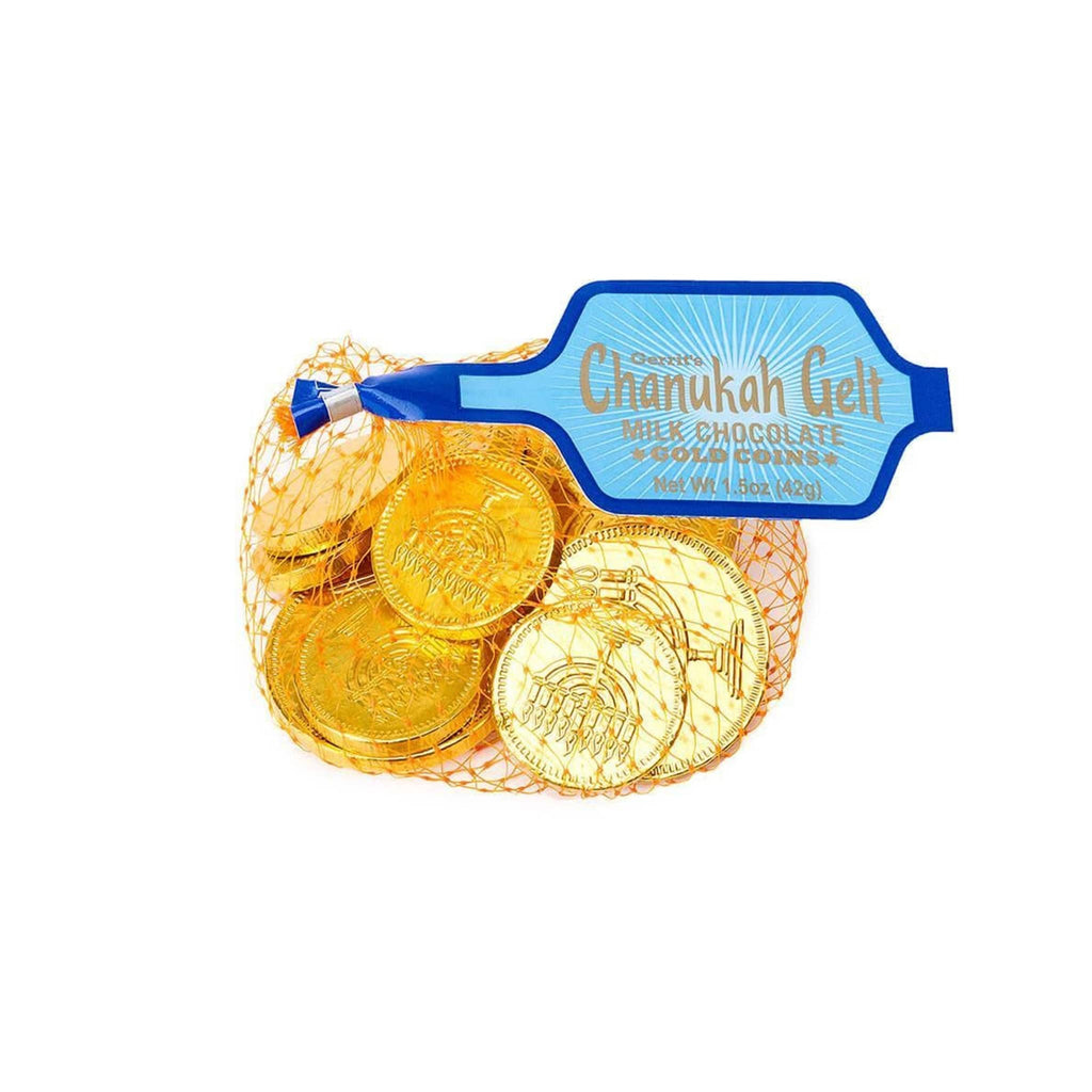 Chicago Importing Company Gerrit's Chanukah Gelt milk chocolate gold coins in orange mesh bag packaging.