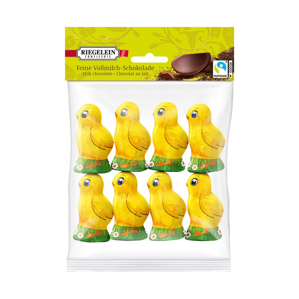 chicago importaing company riegelein hollow milk chocolate foil wrapped yellow chicks 8 pack in a clear plastic bag with hang tab