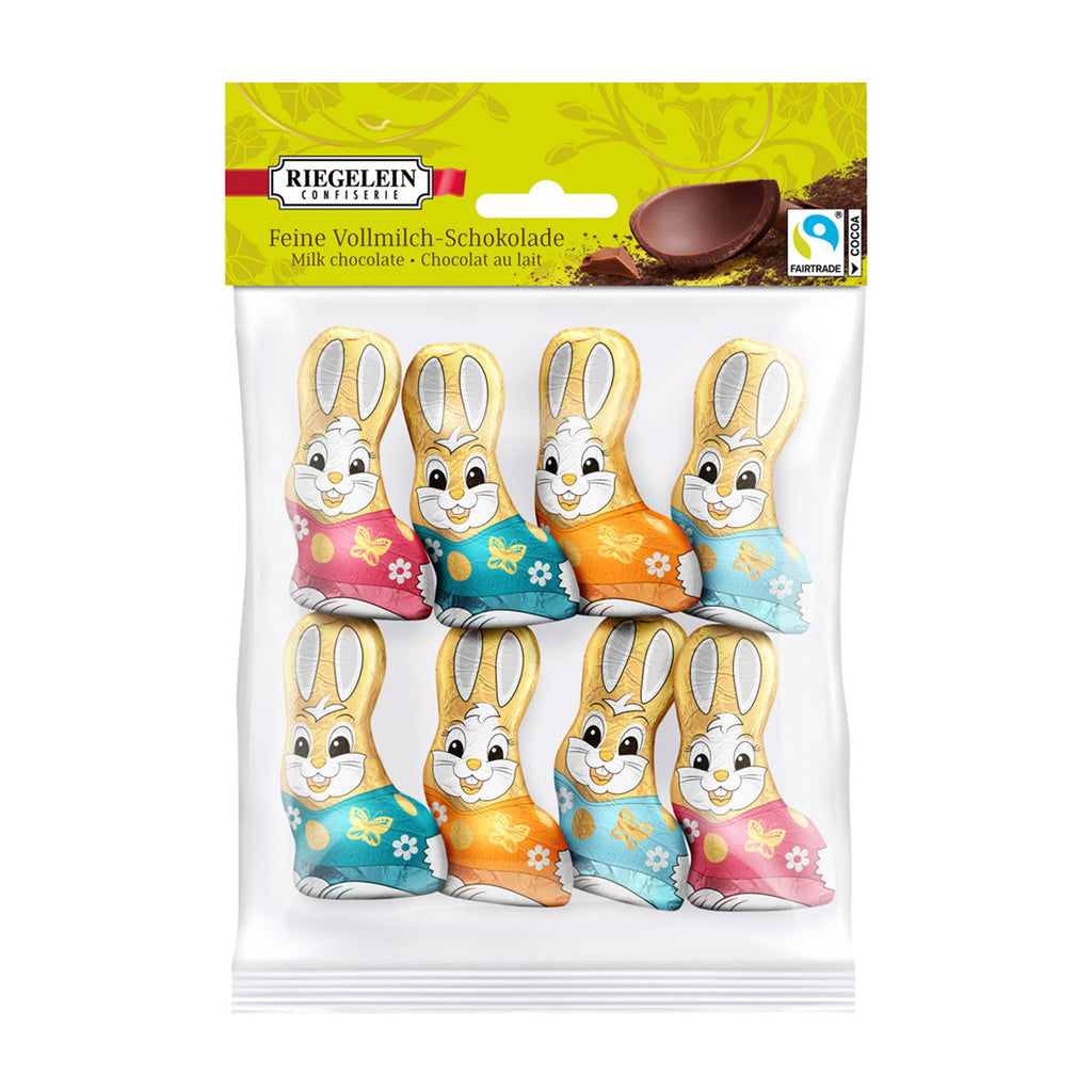 chicago importing riegelein decorative foil wrapped hollow milk chocolate bunnies 8 pack in clear plastic bag.