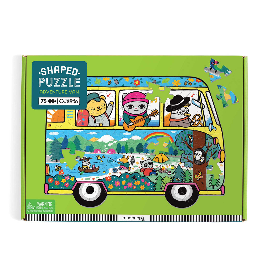 Chronicle Mudpuppy 75 Piece Adventure Van shaped jigsaw puzzle in box packaging, front view.