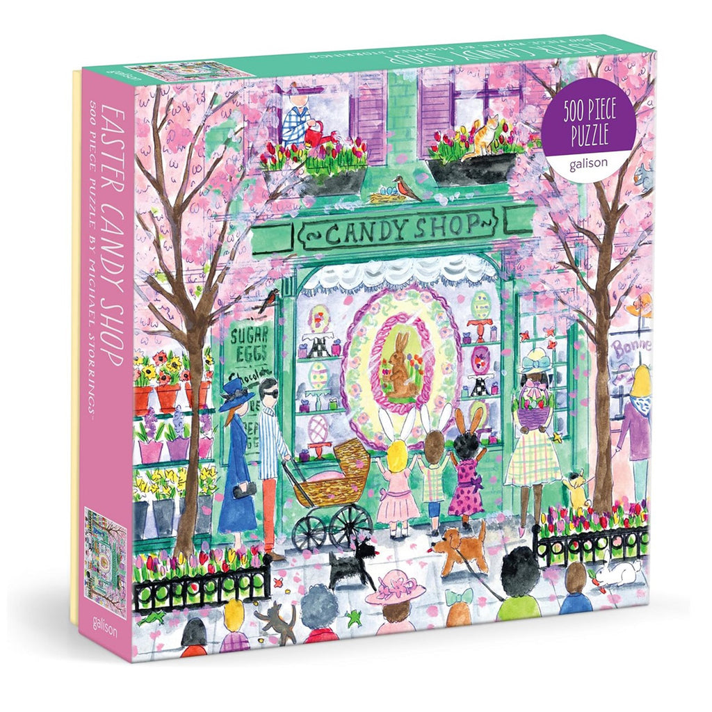 Chronicle Galison  500 piece easter candy shop jigsaw puzzle in box, front angle view.