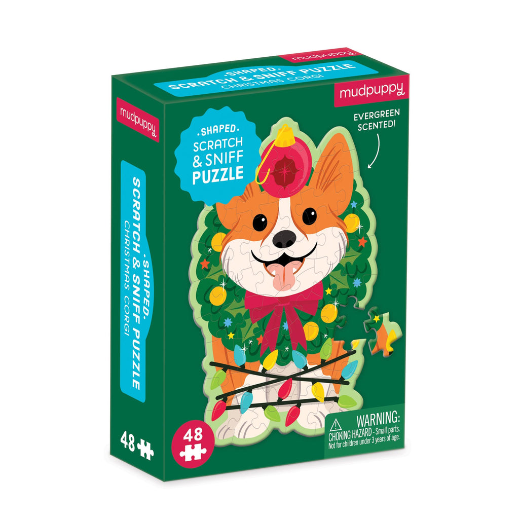 Chronicle Mudpuppy Evergreen scented Corgi 48 piece scratch and sniff shaped mini puzzle in green box, front and side angle.