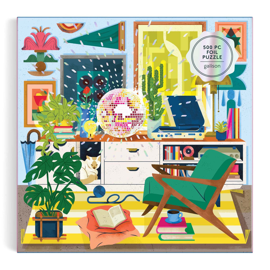 Chronicle Galison 500 piece Disco Life foil jigsaw puzzle in box packaging, front view.