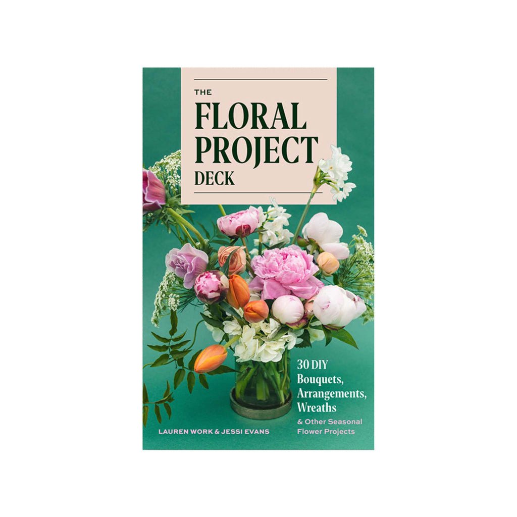 Cover of 'The Floral Project Deck' with a bouquet of flowers on a green background.