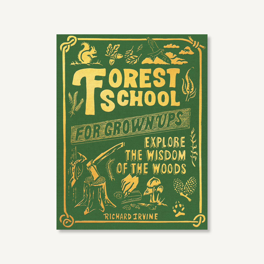 Book cover of 'Forest School for Grown-Ups' with green background and yellow text.