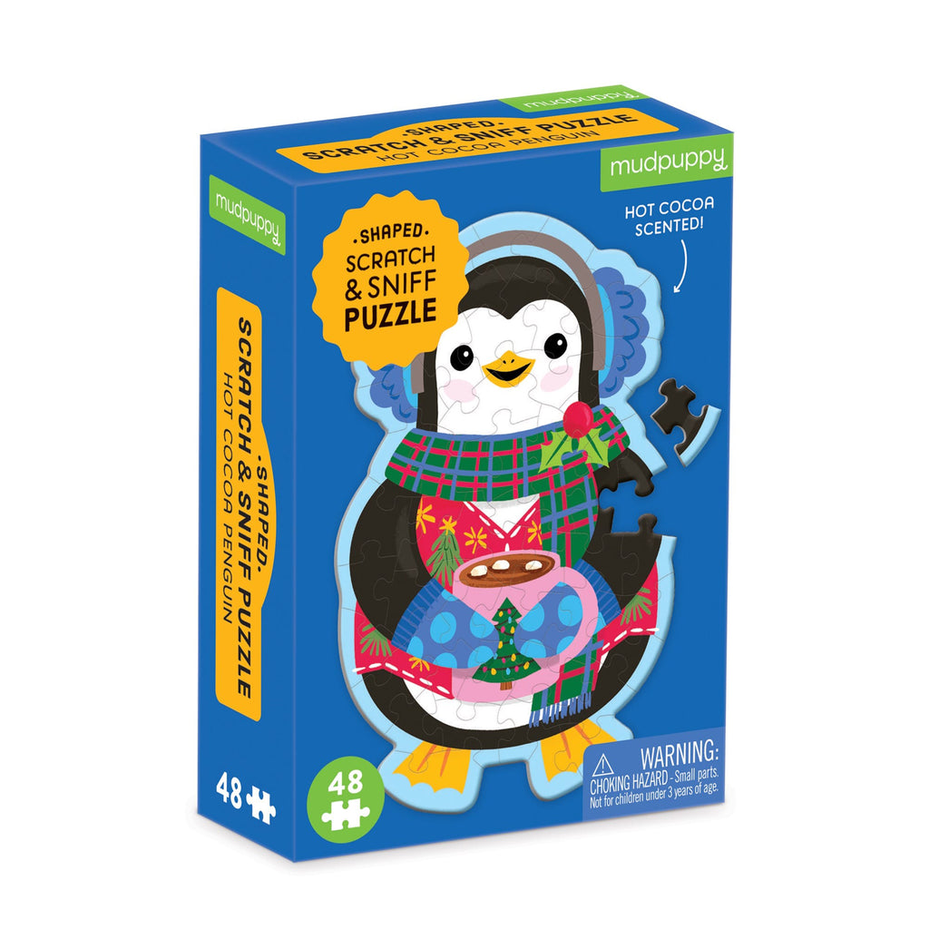 Chronicle Mudpuppy Hot Cocoa scented Penguin 48 piece scratch and sniff shaped mini puzzle in blue box, front and side angle.