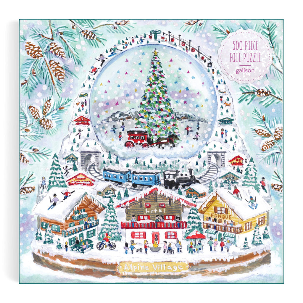 Chronicle Galison 500 piece Alpine Village Snowglobe Michael Storrings jigsaw puzzle with foil pieces, in box packaging, front view.