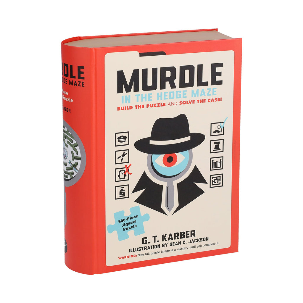 chronicle murdle in the hedge maze 500 piece jigsaw puzzle in book box packaging, front angle view.