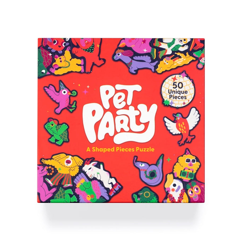 Chronicle 50 piece pet party jigsaw puzzle in box packaging, front view.