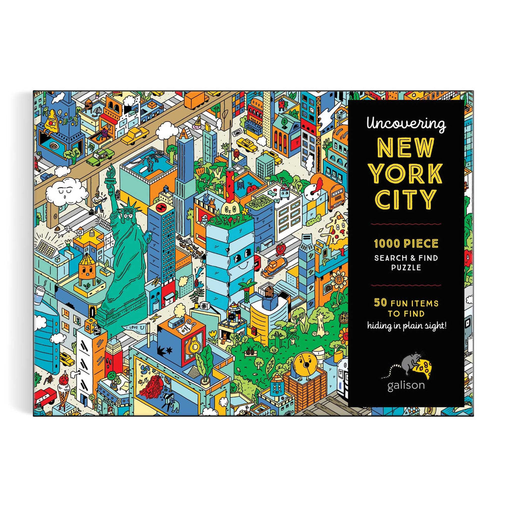 Chronicle Galison 1000 Piece Uncovering New York City Search and Find jigsaw puzzle box packaging front view.