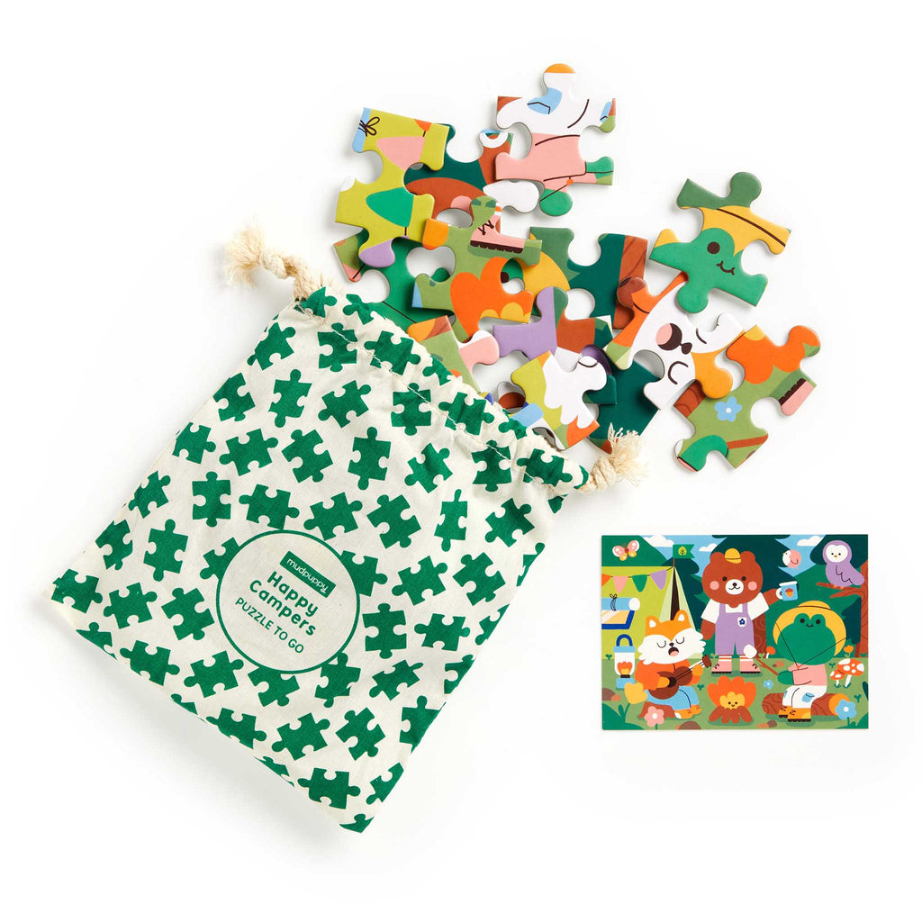 Chronicle Mudpuppy 36 piece Happy Campers puzzle to go with green and white drawstring pouch and a postcard with puzzle image.