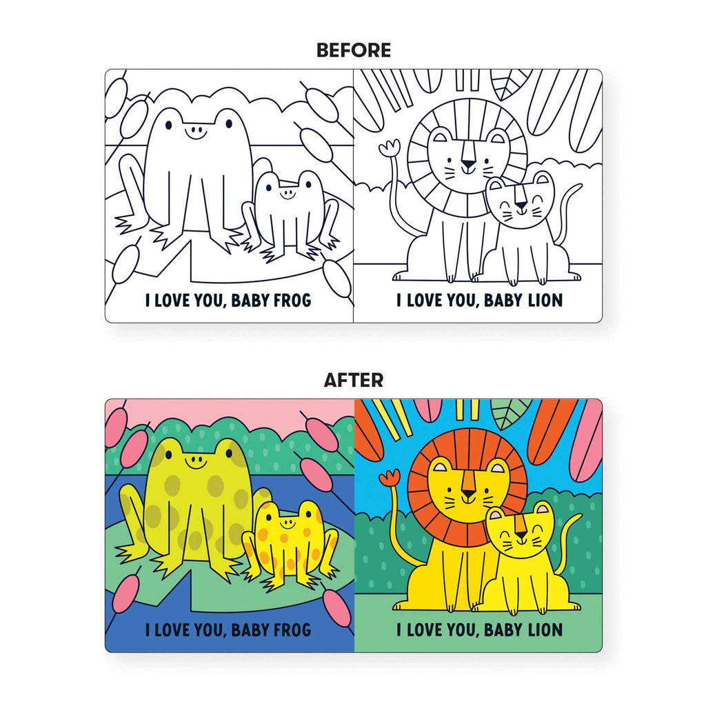 Chronicle Mudpuppy I Love You, Baby, Color Magic Bath Book, sample before and after pages.