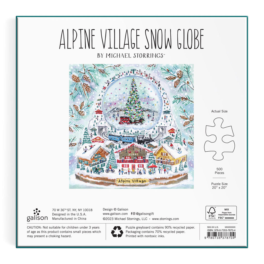 Chronicle Galison 500 piece Alpine Village Snowglobe Michael Storrings jigsaw puzzle with foil pieces, in box packaging, back view with puzzle image and info.