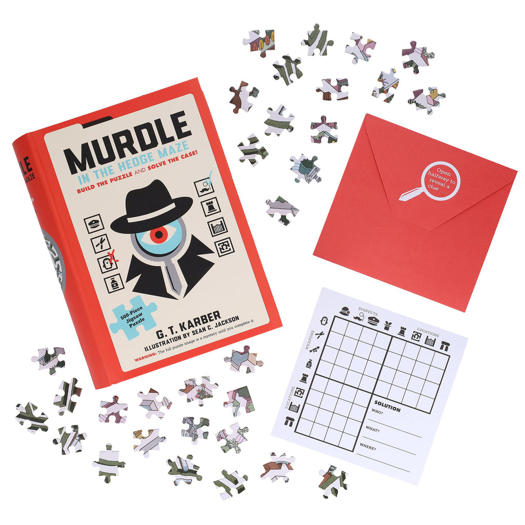 chronicle murdle in the hedge maze 500 piece jigsaw puzzle in book box packaging, with pieces and contents.