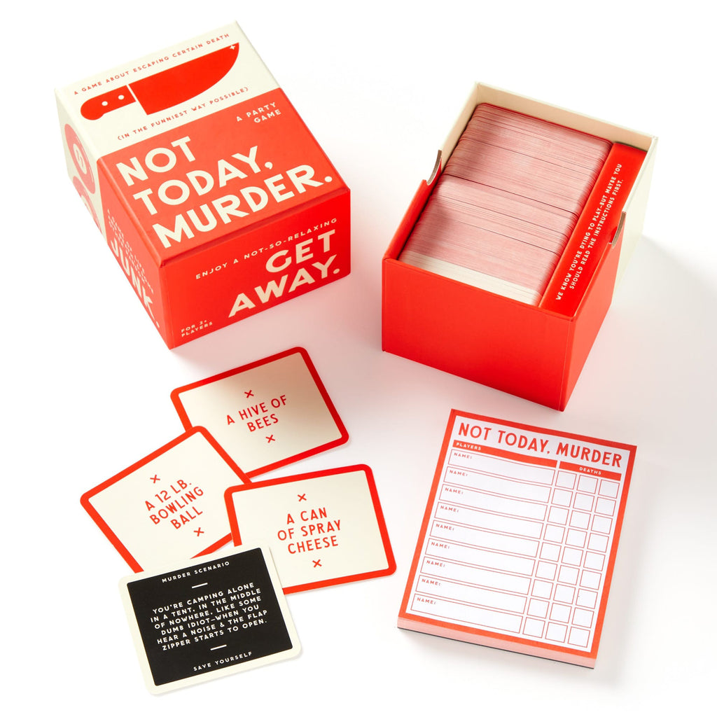 Chronicle Brass Monkey Not Today, Murder, adult party game in box packaging, lid off with sample cards and scorecard.