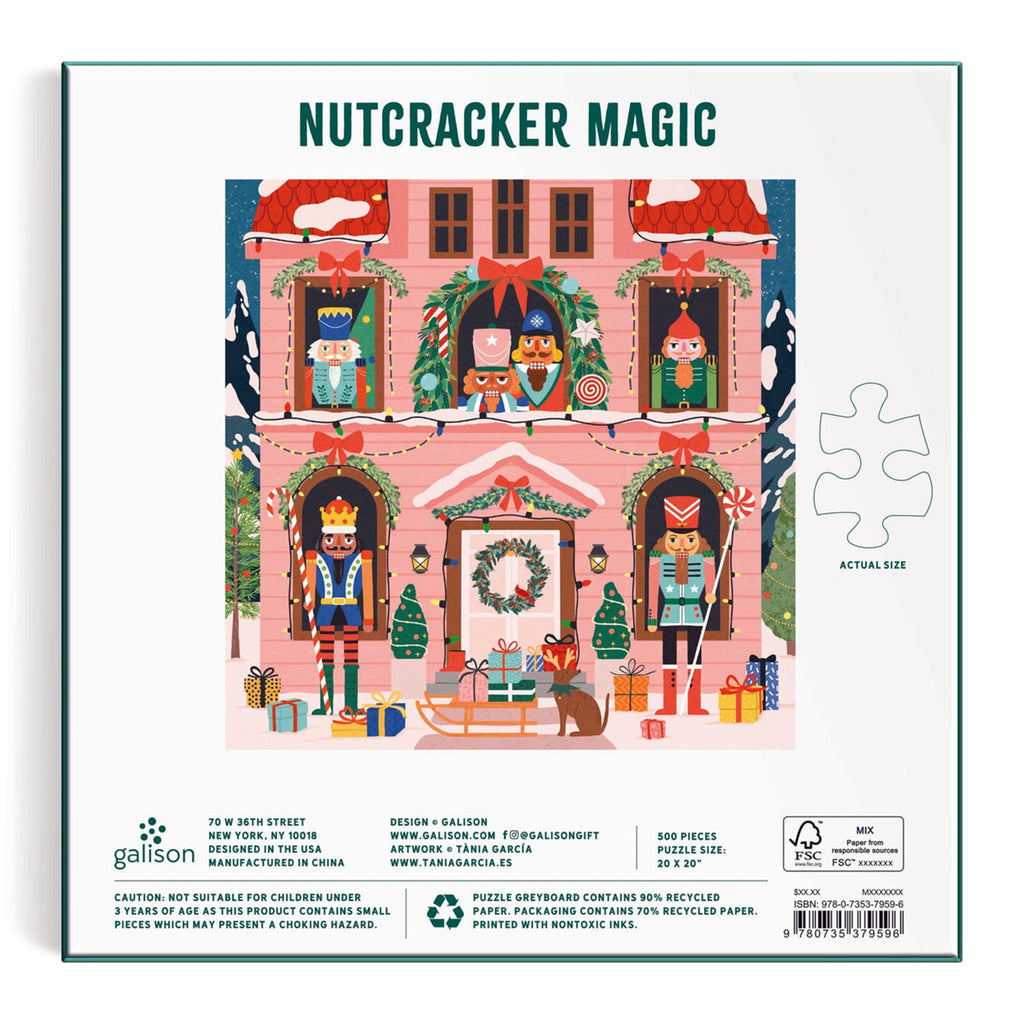 Chronicle Galison 500 piece Nutcracker Magic jigsaw puzzle in box packaging, back view.