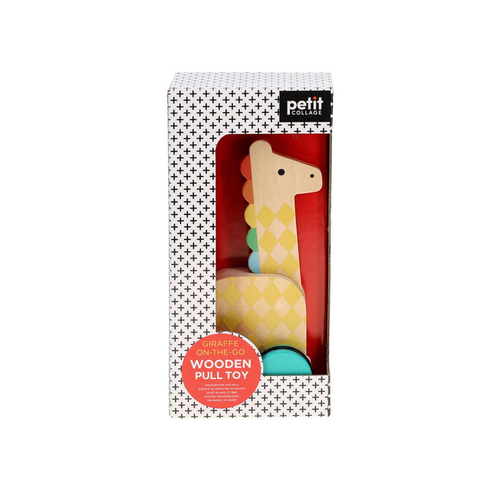 Chronicle Petit Collage Giraffe On-the-Go Wooden Pull Toy in box packaging, front view.