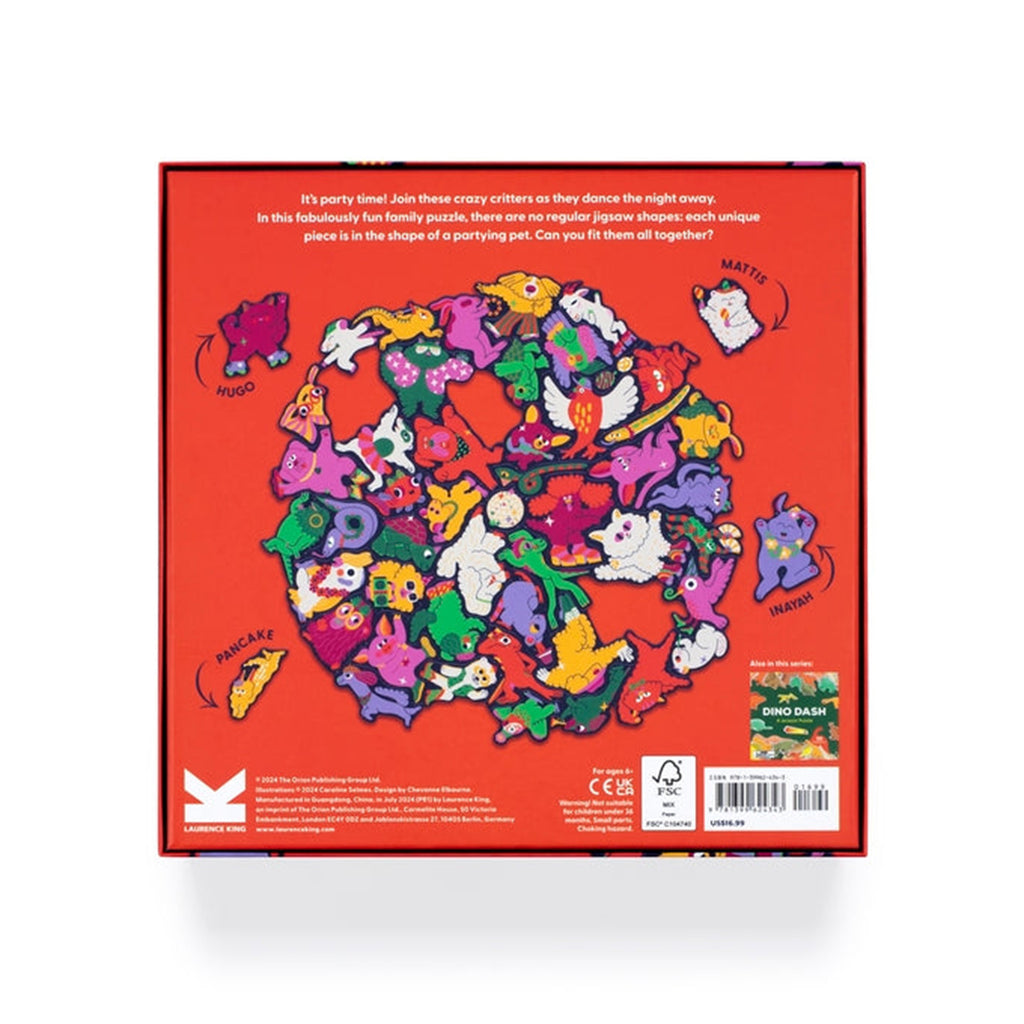 Chronicle 50 piece pet party jigsaw puzzle in box packaging, back view.