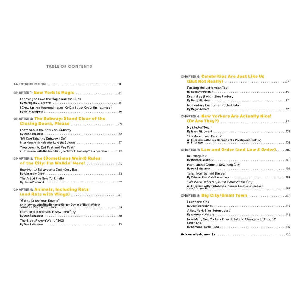 Chronicle That's So New York, short (and very shirt) stories about the greatest city on earth, compiled by Dan Saltzstein, paperback book, table of contents.