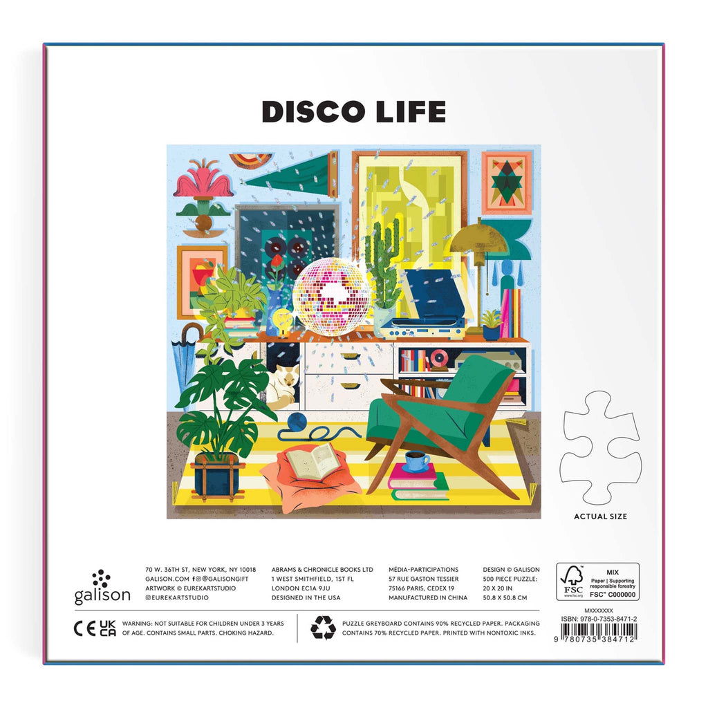 Chronicle Galison 500 piece Disco Life foil jigsaw puzzle in box packaging, back view.
